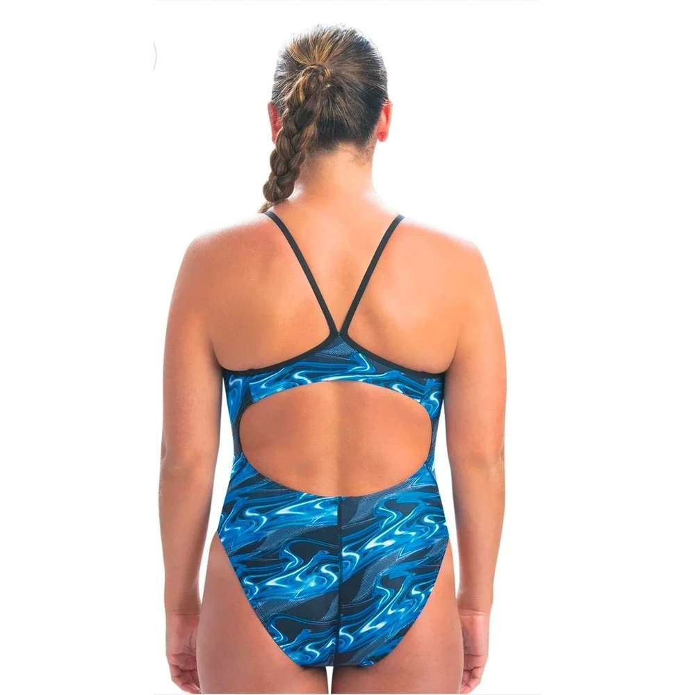 Dolfin‎ Womens One Piece Swimsuit Size 36 Blue Flame Swirl Athletic Training